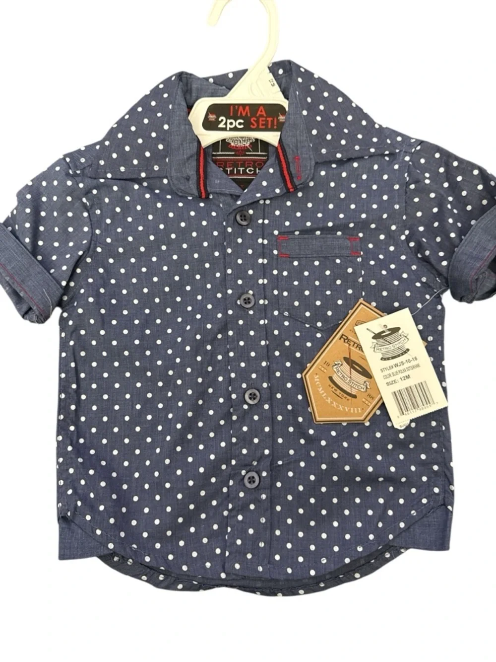 Retro Stitch Polka Dot Navy Short-Sleeve Shirt Set for Kids Size 12 Months Nwt